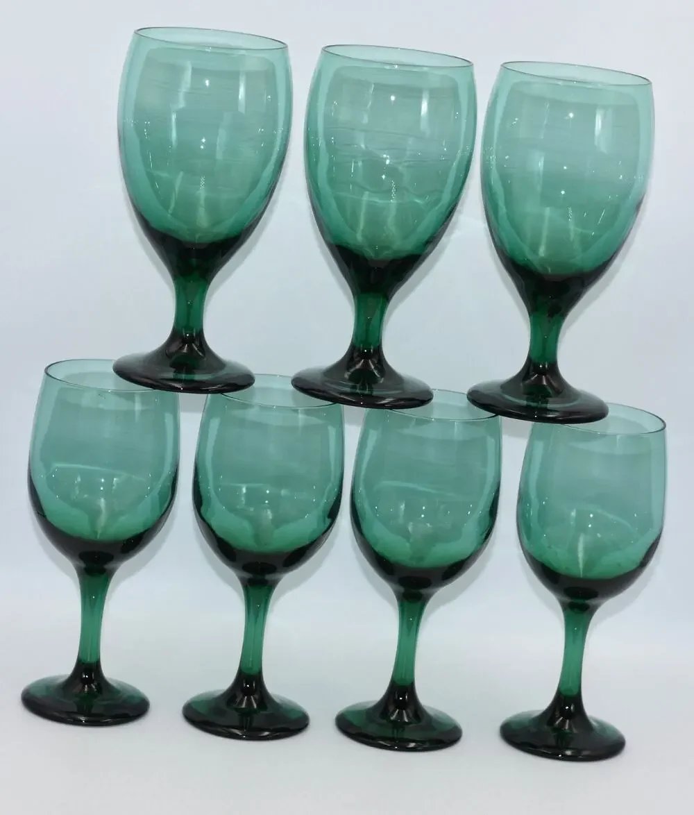 Vintage Libbey Juniper Green Wine/Water Glasses - Set of 7 Teardrop Goblets